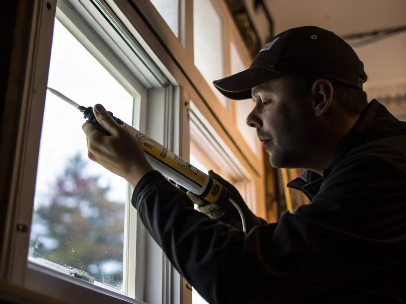 An image showing a homeowner applying a DIY fix to a window to prevent condensation, with tools and a warm, dry home environment in the background.