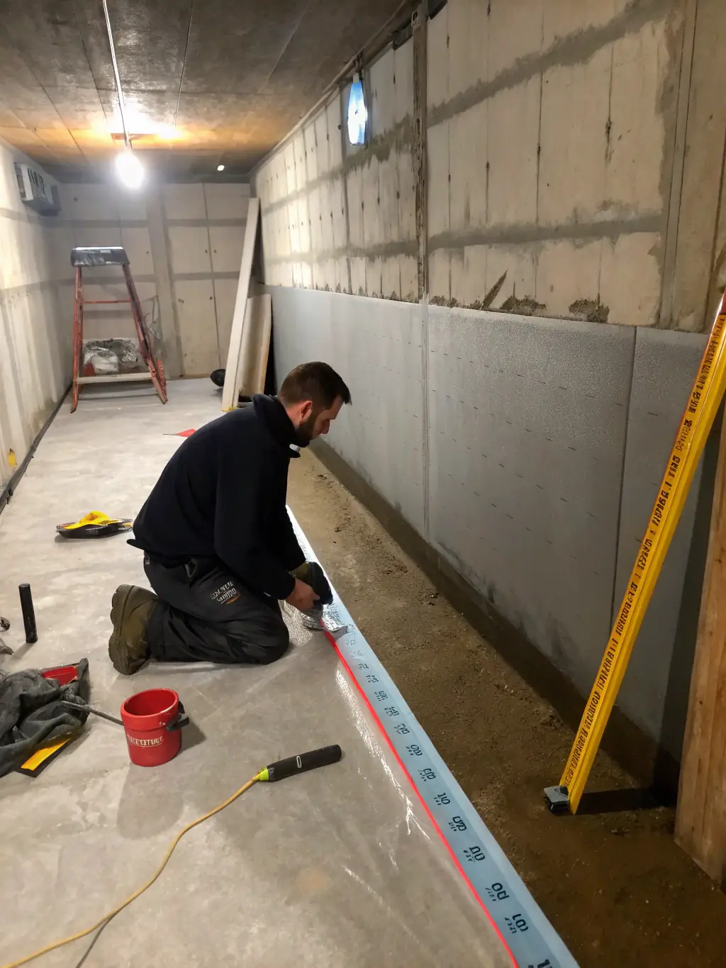 A person is applying a moisture barrier coating to a basement wall to prevent water seepage and dampness, with a focus on thorough coverage.