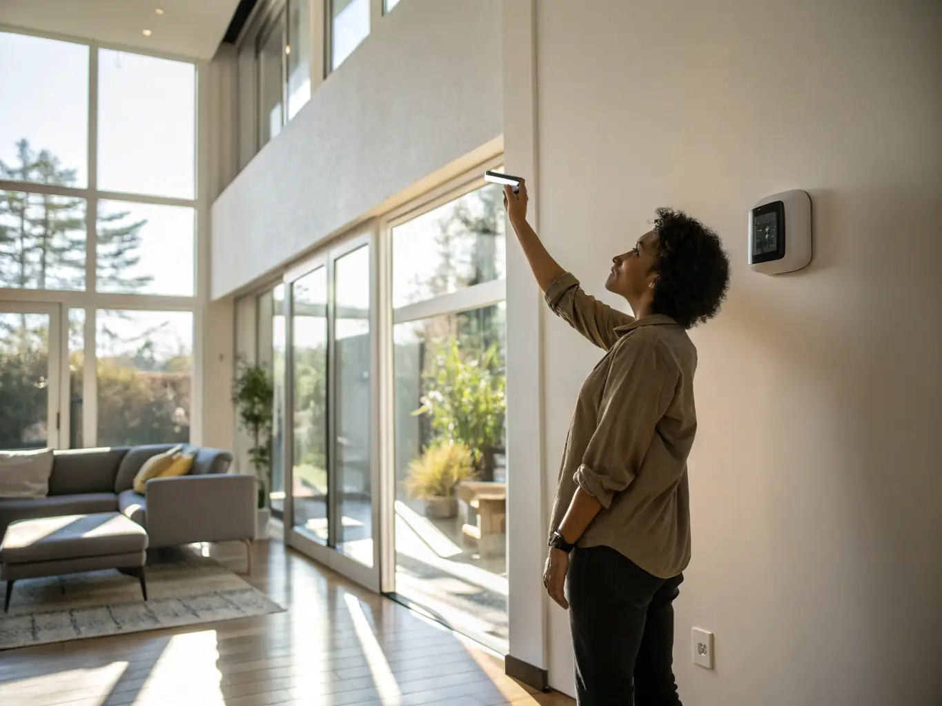 An image of a modern heat pump installed in a NZ home, with a homeowner adjusting the settings on a remote control in a cool, comfortable room.