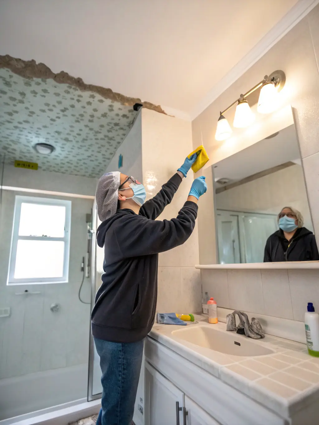 A person is cleaning mould from a bathroom ceiling using a spray bottle and a sponge, with safety gloves and goggles on.