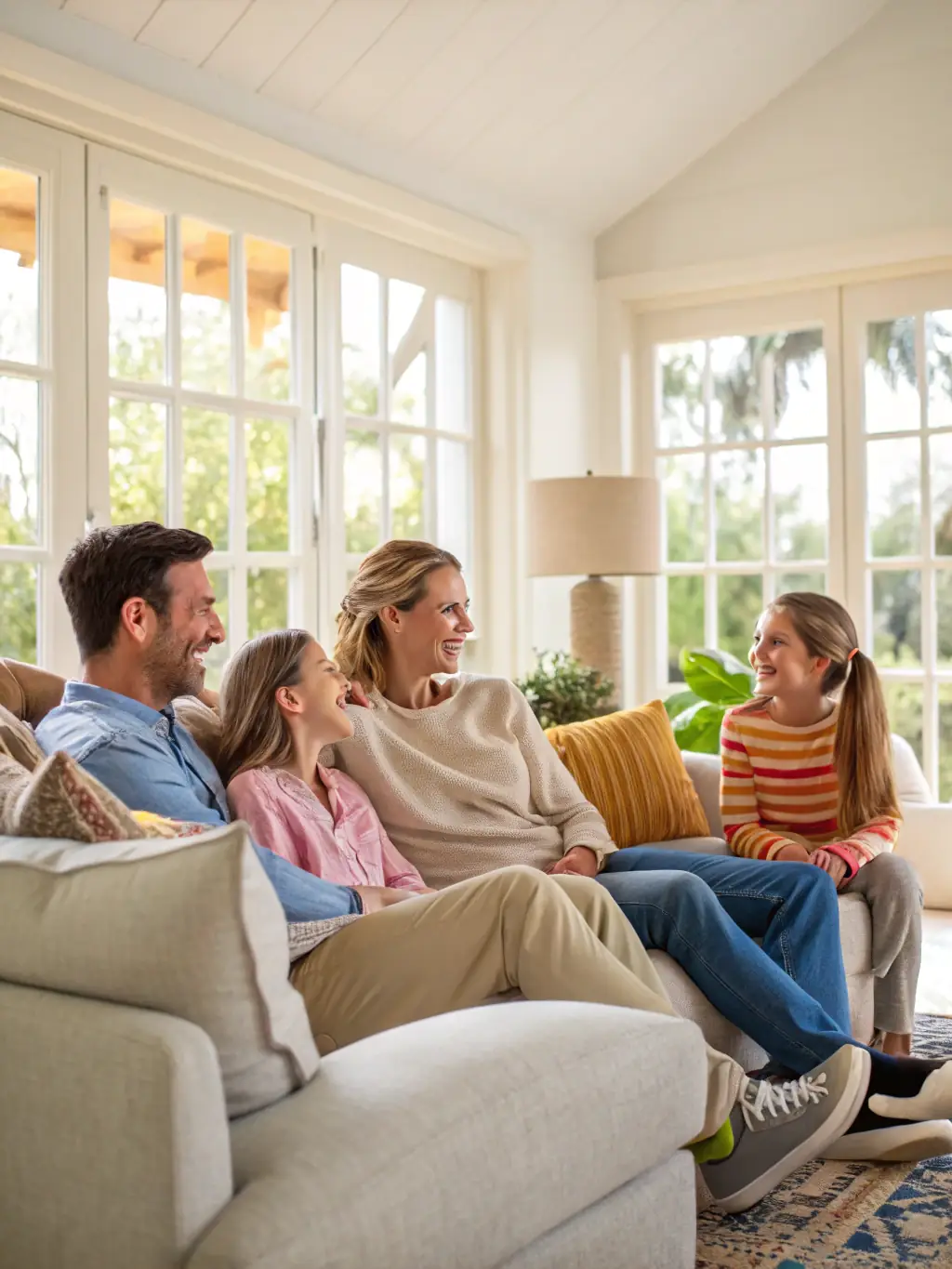 A cozy New Zealand living room with sunlight streaming through the windows, showcasing a family enjoying a healthy, well-ventilated home environment. Focus on the feeling of warmth and well-being.