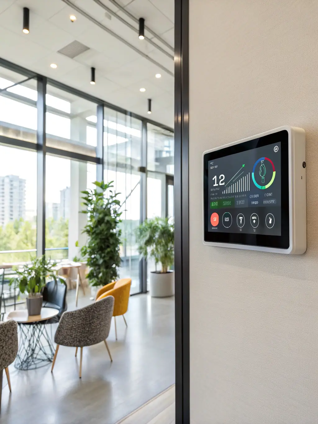 An image of a homeowner checking the air quality in their home using a portable air quality monitor, with a focus on the digital display showing healthy levels.